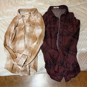 Plaid Button-Up Shirts in Beige and Burgundy